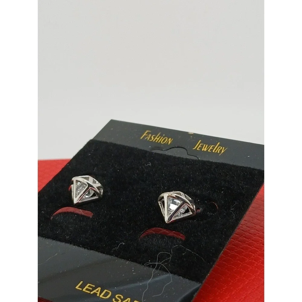Vintage 90s Silver Tone Geometric‎ Diamond Cage Stud Earrings Clear Stone New